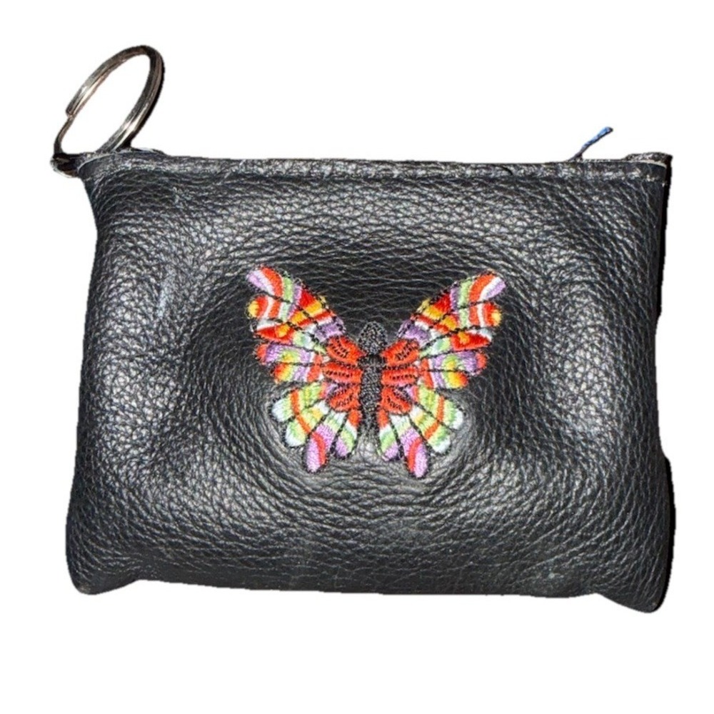 Vintage Butterfly Coin Purse Embroidered Black Genuine Leather Made in USA